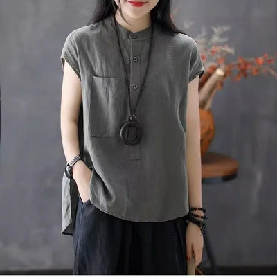 Artistic Style Cotton Linen Short Sleeves Shirt for Women Summer Solid Loose Stand Collar Temperament Top Fashion Women Clothing