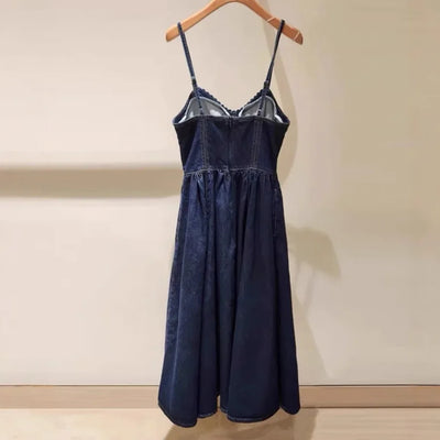 Women's vintage denim dress with suspenders and sleeveless tube top, fashionable design midi robe