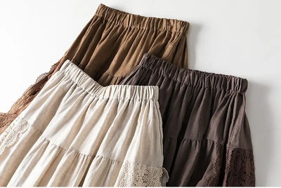 Vintage Chic Embroidery Linen Cotton Long Skirts Women Summer Elastic High Waist Pleated Maxi Skirt Female Elegant A-Line Skirt
