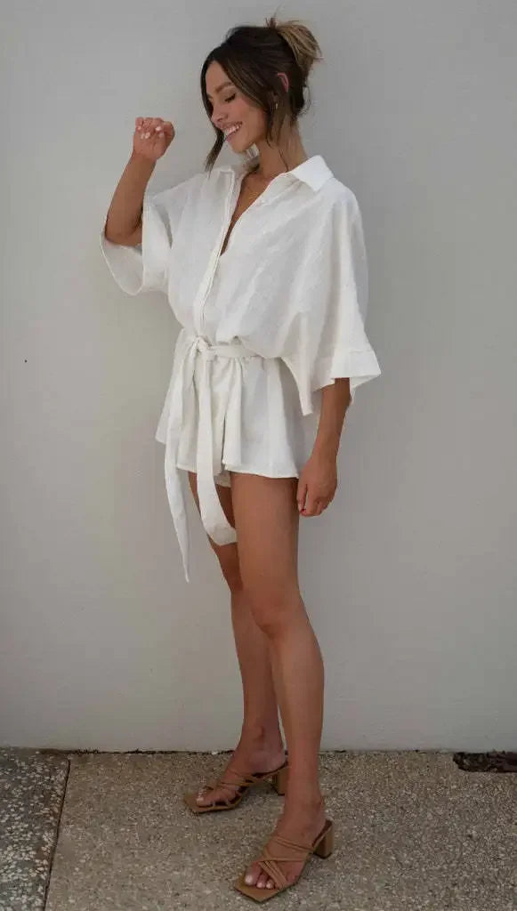 Women's Jumpsuit Spring/summer New Style With Collar Mid Sleeves Waist Strap Fashionable Loose Short Style Solid Color Jumpsuit