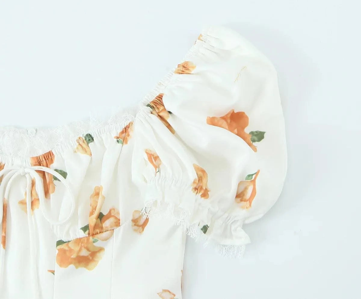Summer Dresses 2025 Women French Style Floral Print Puff Sleeve Dress Lace Trim A-line Short Elegant Sundress Chic Lady Robe
