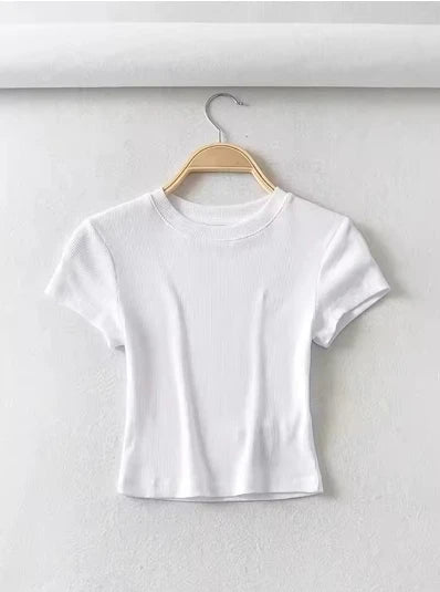 Women's crew neck short-sleeved T-shirt, stretch bodice sexy, summer