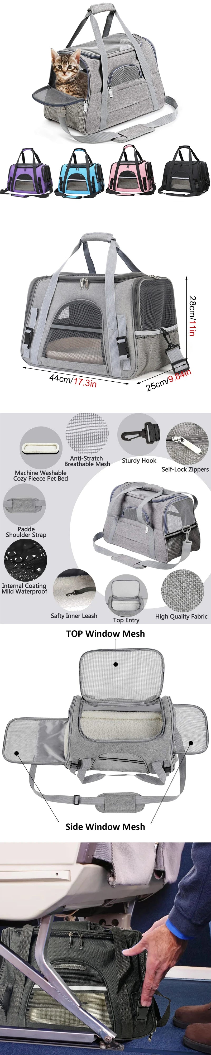 Soft-Sided Pet Travel Carrier , Mesh Breathable Carrier Bags for Cats Dogs Comfort Foldable Handbag Pet Transport Bag