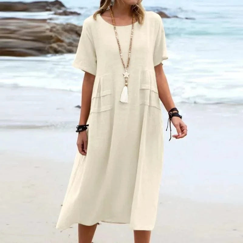 2025 Summer Fashion New Women's Elegant Long Cotton and Hemp Dress Round Neck Vacation Short Sleeve Medium Long Dress