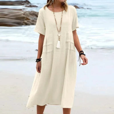 2025 Summer Fashion New Women's Elegant Long Cotton and Hemp Dress Round Neck Vacation Short Sleeve Medium Long Dress