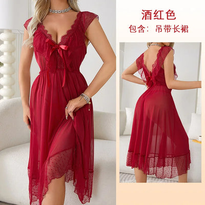 Women's Sexy Lingerie Nightgown Semi Sheer Babydoll Sleepwear Dress With Polka Dots Bow Knot Decor Summer Mesh V-Neck Loungewear