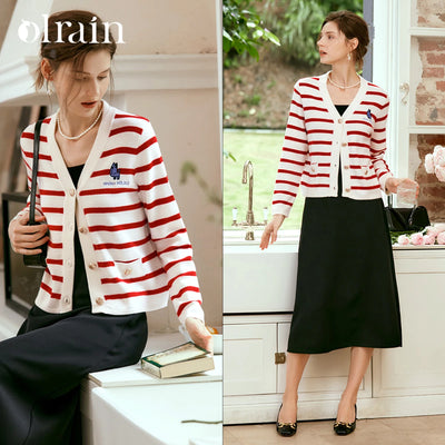 OLrain Wool Blend Striped Cardigan Women 2025 Spring Commute Embroidery V Neck Long Sleeve Chic Button Knitwear M56QZ86390