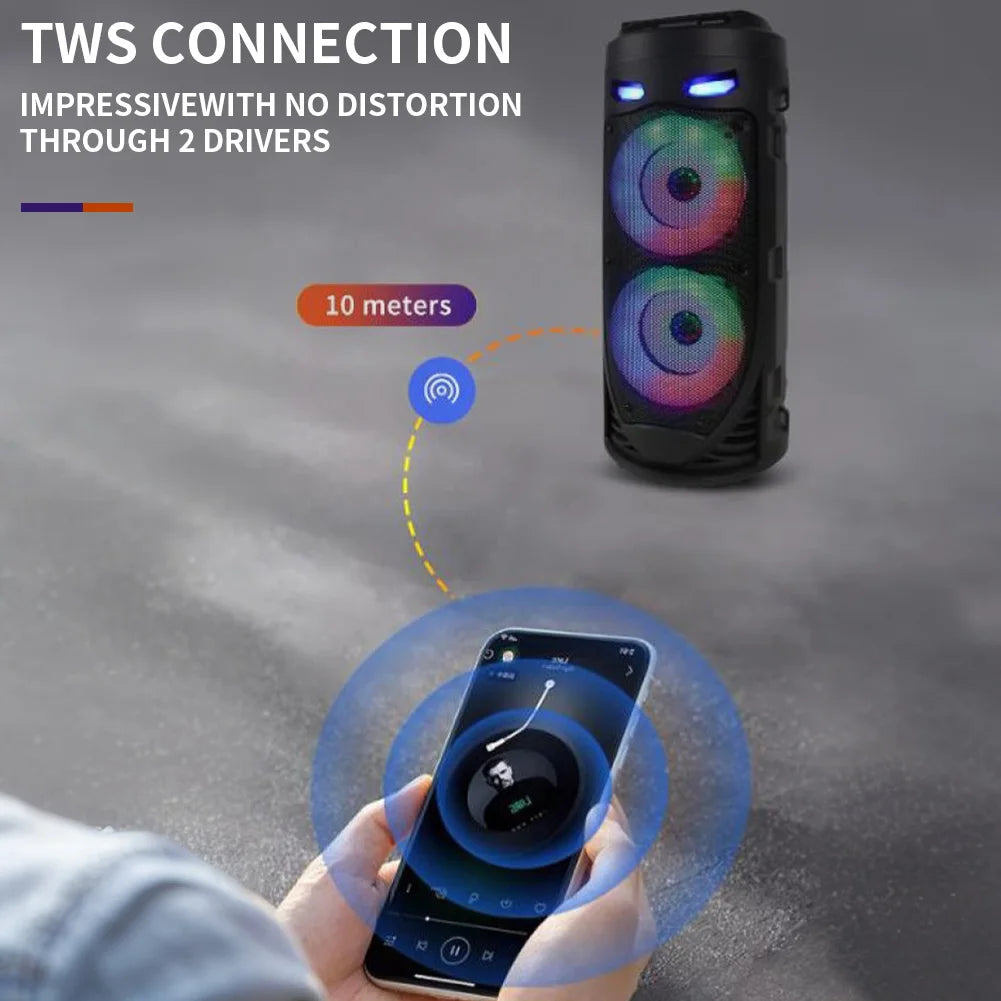 Bluetooth-Compatible Speaker Portable Speaker with Double Subwoofer Deep Bass Lights Loud Boombox Support USB/TF/AUX/FM/BT/MIC