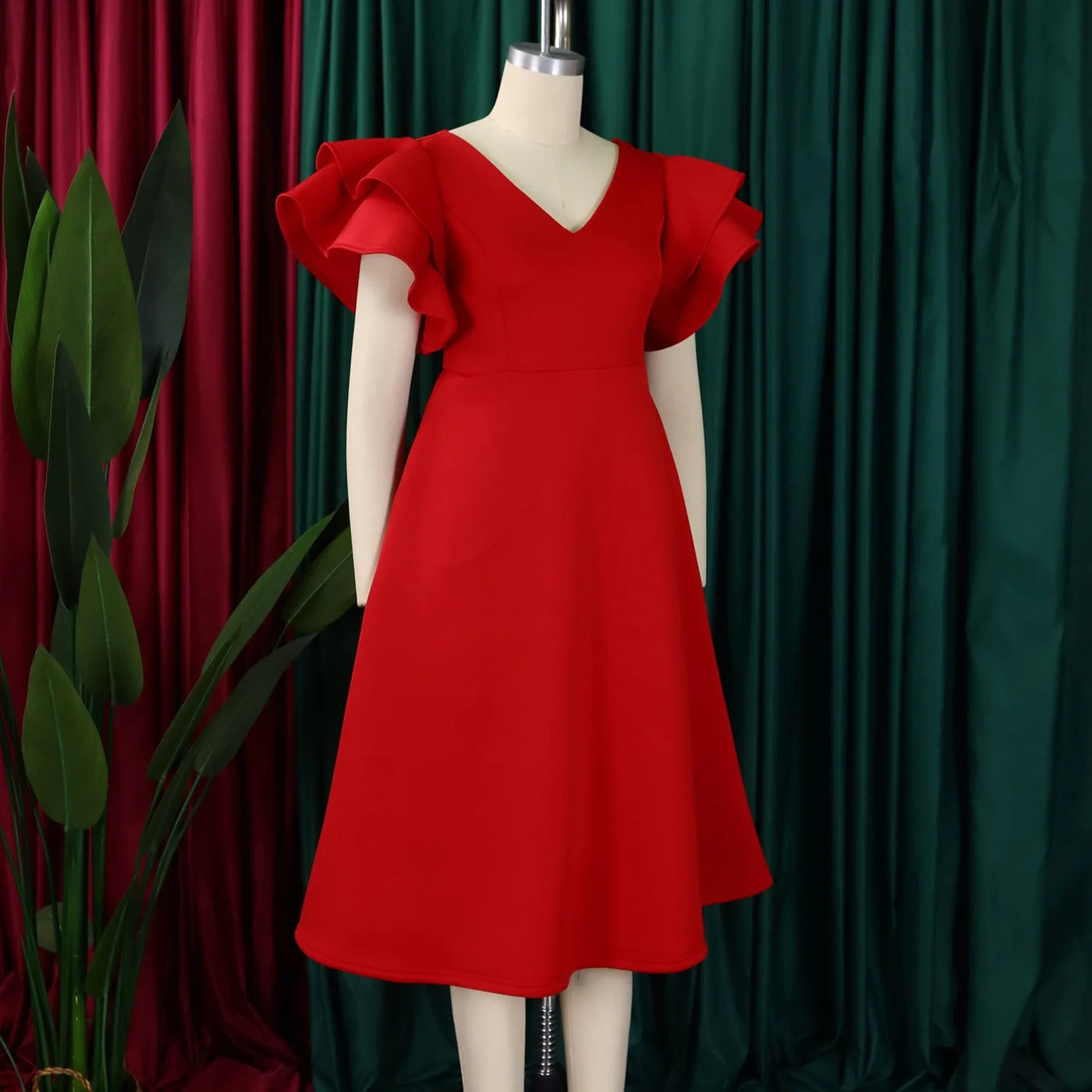 Elegant Party Dresses for Women V Neck Ruffles Sleeve High Waisted A Line Mid Calf Luxury Birthday Dinner Vestidos Mujer Dress