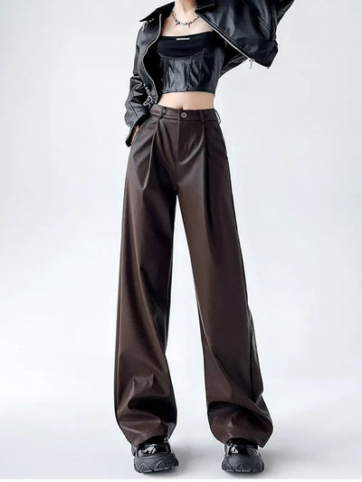 Women's Wide Leg Pants PU Straight Pants Autumn New Fashion Pantalones Mujer Solid Black Brown Leather Pants Women Streetwear