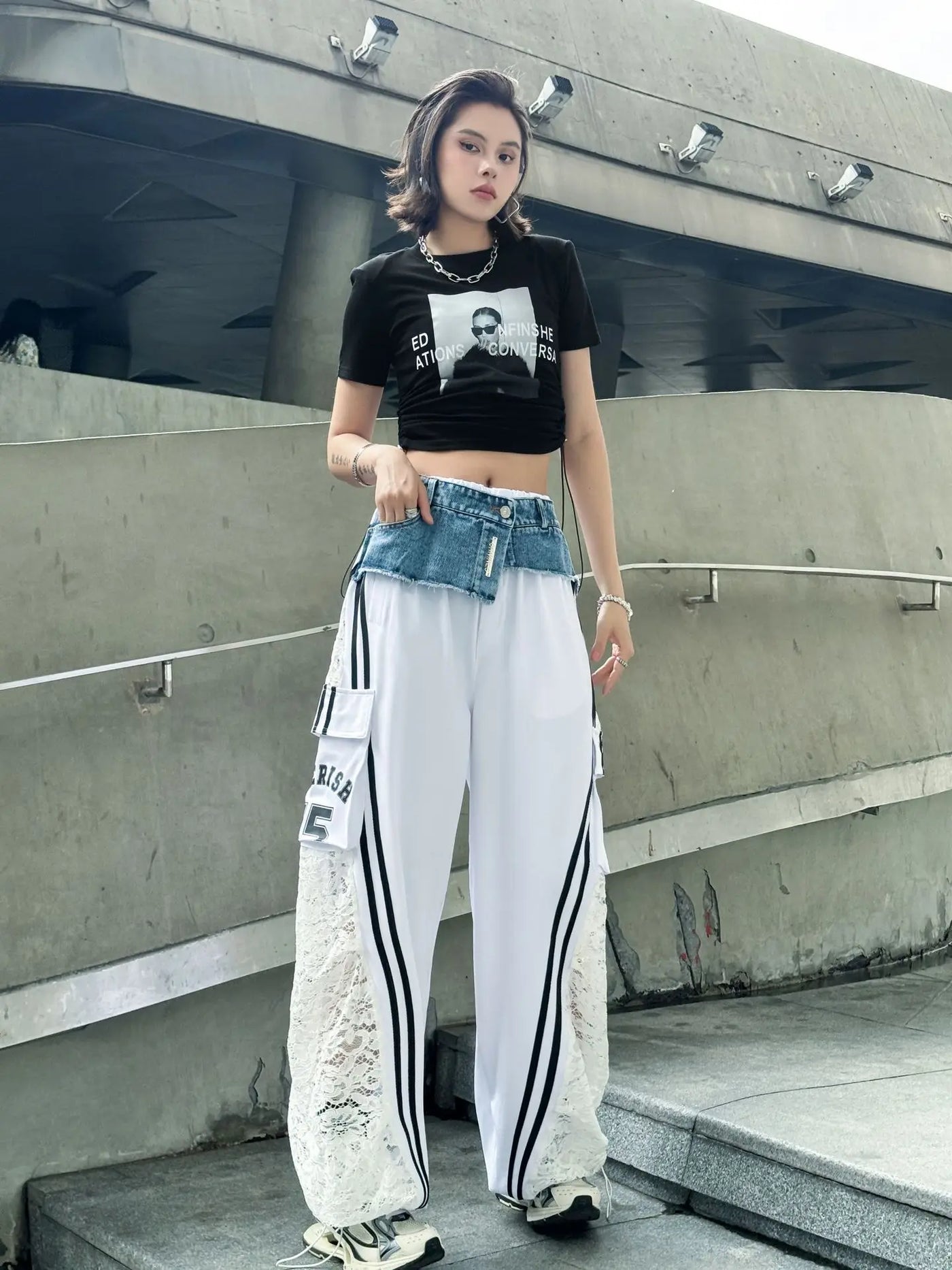 Wide Leg Pants Women Floor Length Patchwork Lace Denim Stripe Print High Waist Multiple Pockets 2025 Streetwear Cargo Trousers