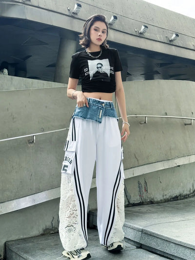 Wide Leg Pants Women Floor Length Patchwork Lace Denim Stripe Print High Waist Multiple Pockets 2025 Streetwear Cargo Trousers