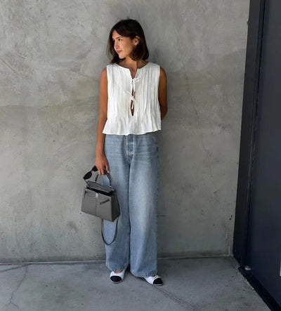 Fashion Bow Lace Up Shirts Women Cotton Linen Hollow Out Sleeveless Pleated Blouses Woman 2025 Summer New Casual Lady White Tops