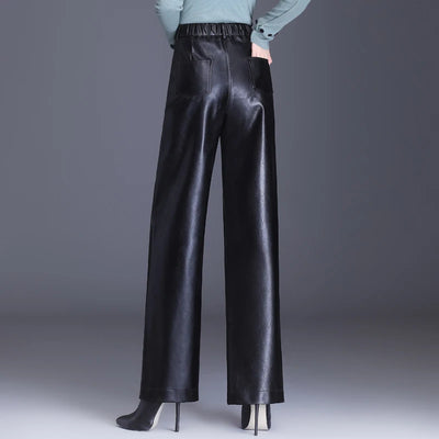 Women  Wide Leg PU Leather Pants  Autumn Winter Fashion Warm Long Pants Back Elastic Waist  Straight Elegant  Leather Trousers