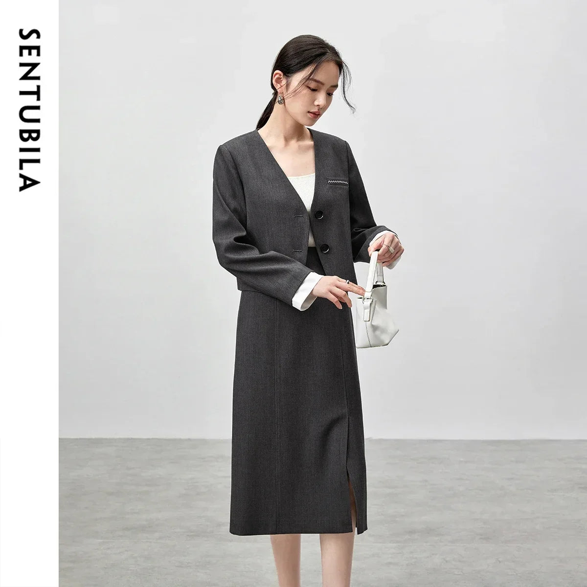 SENTUBILA Two Piece Skirt Sets Women Outfits 2025 Spring Office Ladies V Neck Grey Blazer Jackets Straight Slit Skirt 143Z56241