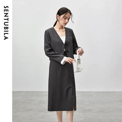 SENTUBILA Two Piece Skirt Sets Women Outfits 2025 Spring Office Ladies V Neck Grey Blazer Jackets Straight Slit Skirt 143Z56241