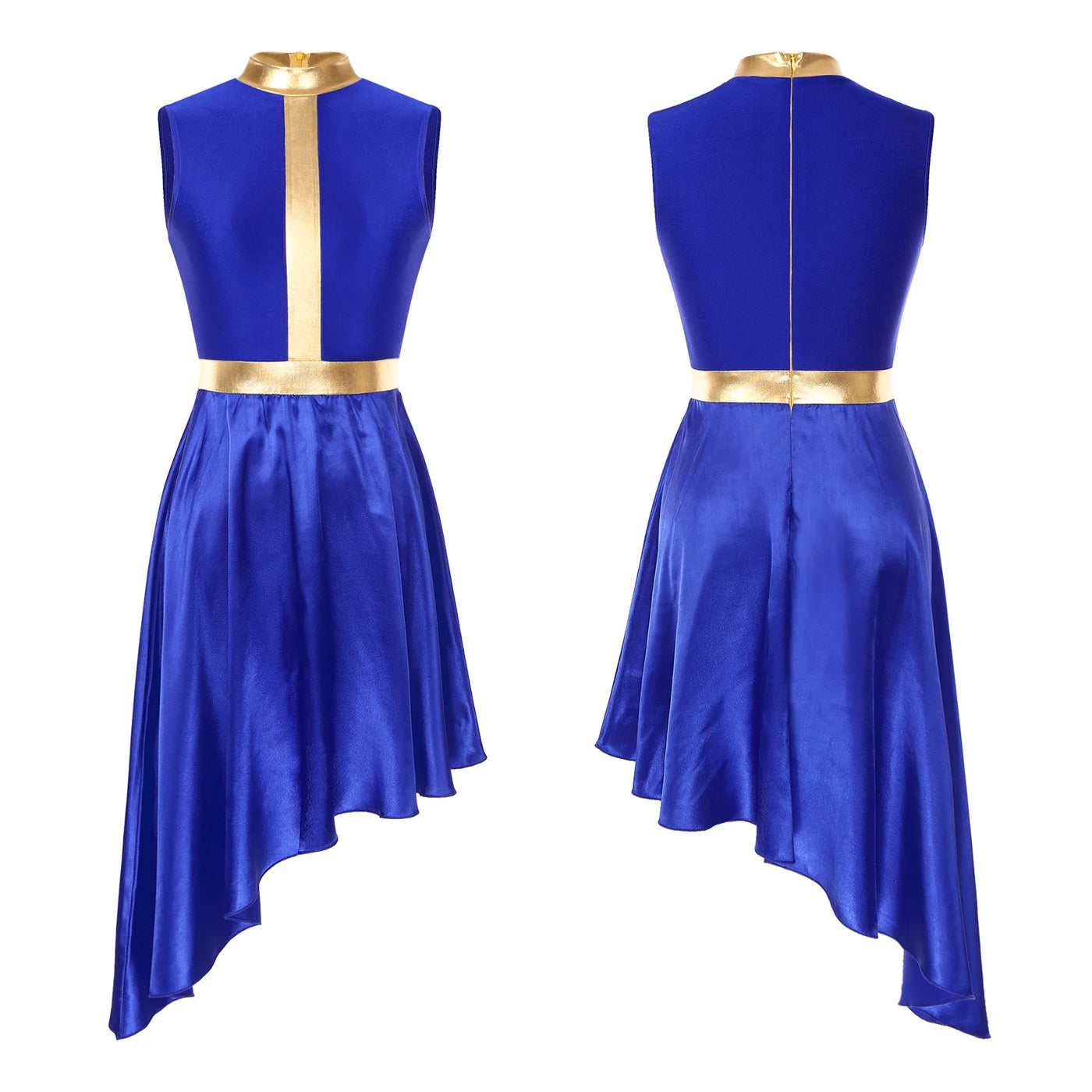 Women Lyrical Dance Dress Color Block Patchwork Invisible Zipper Back Flowy Asymmetrical Hem Sleeveless Dresses Dancewear