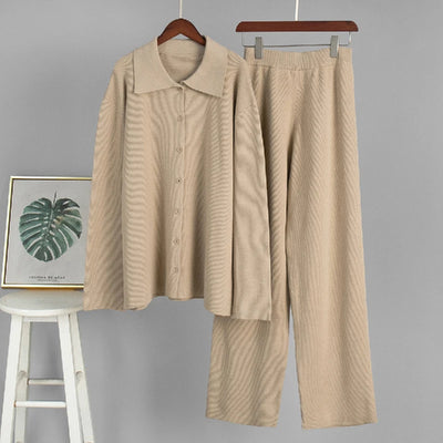 2025 Autumn Street Outfits Knitted Cardigan Pants Sets Women Single Breasted Lapel Sweater High Waist Wide Leg Trousers Suit