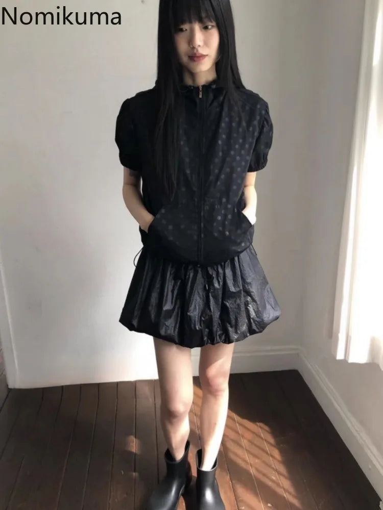 Streetwear Summer Coat for Women 2025 Ropa Mujer Short Sleeve Zipper Hooded Polka Dot Vintage Y2k Tops Casual Thin Jacket 27x969