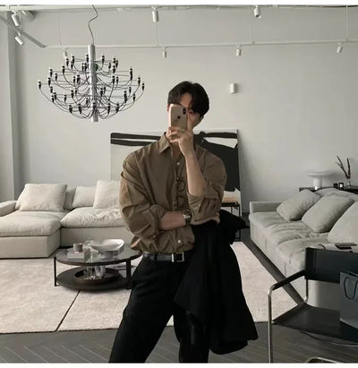 Oversized Casual Jacket Trendy Loose Shirt Men's Long-Sleeved Shirt Spring and Summer Brown TOP