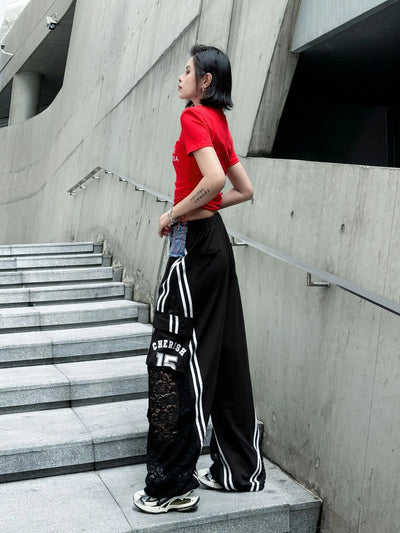 Wide Leg Pants Women Floor Length Patchwork Lace Denim Stripe Print High Waist Multiple Pockets 2025 Streetwear Cargo Trousers