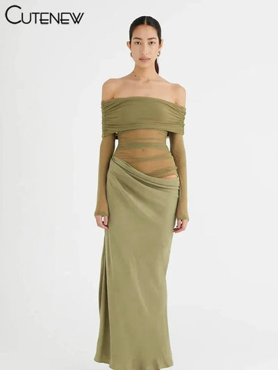 Cutenew Mesh Ruched Women Maxi Dress Sexy See Through Off Shoulder Long Sleeve Sheath Vestidos Female Midnight Party Solid Robe