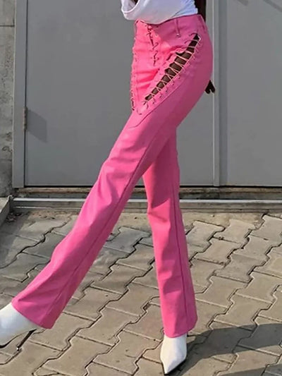 Women Fashion Loungewear Trousers, All Match Spring Summer Solid Hollow Straight Pants, Bandage Elegant Ladies Pants Streetwear