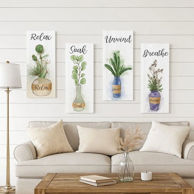 Wall Plate Wooden Floral Wall Art Rustic Style Decorative Plants Hanging Sign Handmade Wall Decor Paintings Bathroom Decor