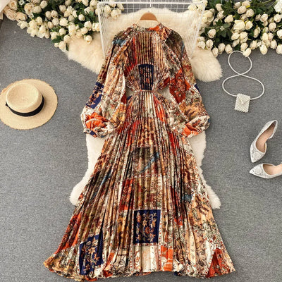 Retro Print Elegant Pleated Lace-up Chiffon Long Sleeve Dress A-line Blouse French Casual V-neck High Waist Women Summer Dresses