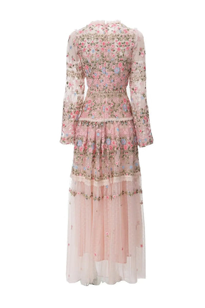 QMQA Fashion Women's Embroidery Dresses Round Neck High Waist Bow Mesh Spliced Long Sleeve Elegant Dress Female 2024 1A102