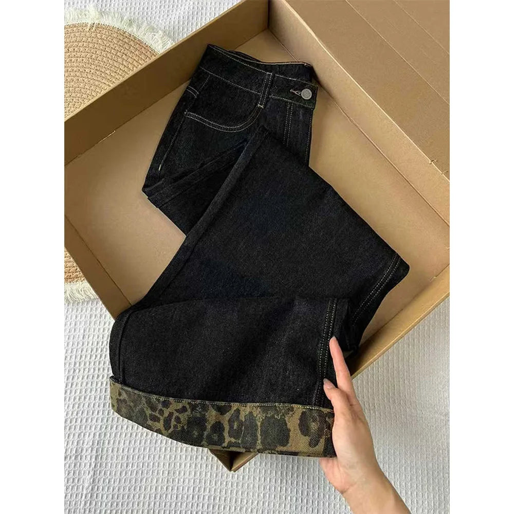 Oversized Wide Leg Pants for Women Spring Autumn Retro High Waist Leopard Print Jeans American Style Straight Loose Denim Pants