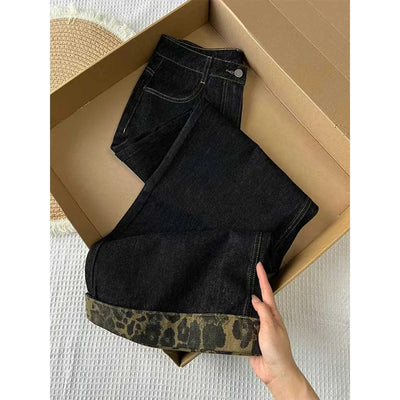 Oversized Wide Leg Pants for Women Spring Autumn Retro High Waist Leopard Print Jeans American Style Straight Loose Denim Pants