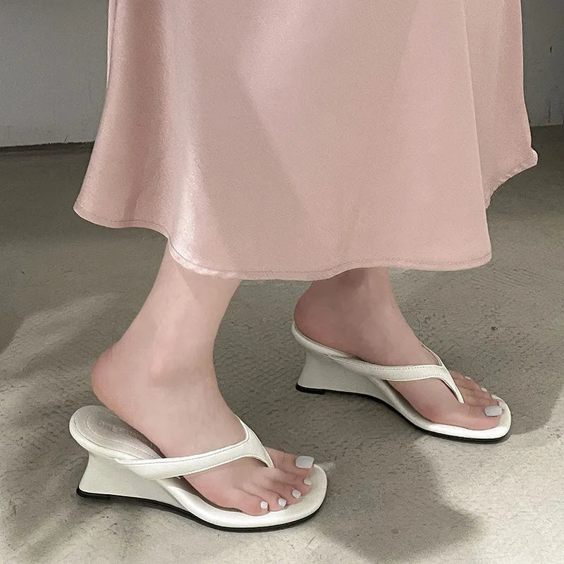 Women High-heeled Slippers 2025 Summer Clip Toe Flip Flop Fashion Pumps French Wedge Sandals Square Toe Ladies Shoes Sandalias
