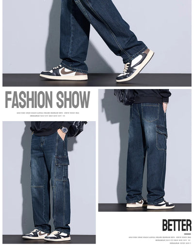 Men's 97% Cotton Straight Cargo Jeans Trendy Multi-pocket Nostalgic Loose Trousers Man American Vintage Fashion Denim Pants
