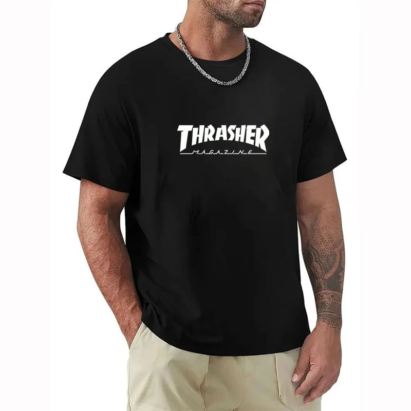 T-shirts for Men Personalized T-Thrashers Y2k Clothing High Quality Summer Tops Vintage Streetwear Short Sleeve Tee White