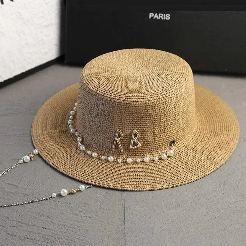New Women Summer Hats Straw Sun Hat Panama Elegant Straw Fedoras Lady Girl Outdoor Vacation with Pearl Chain Sunshade Beach Hat