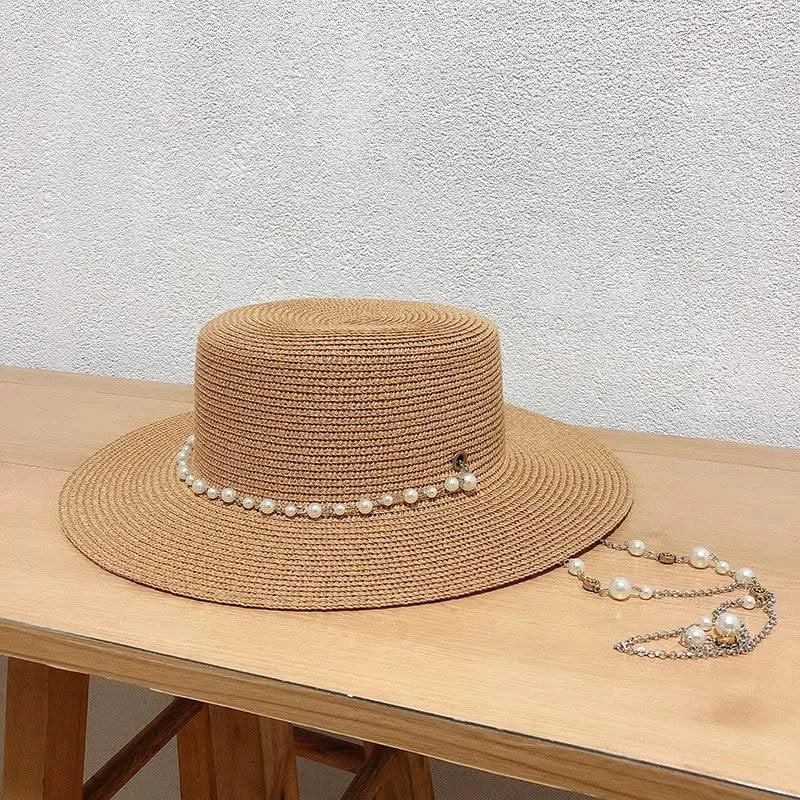 New Women Summer Hats Straw Sun Hat Panama Elegant Straw Fedoras Lady Girl Outdoor Vacation with Pearl Chain Sunshade Beach Hat