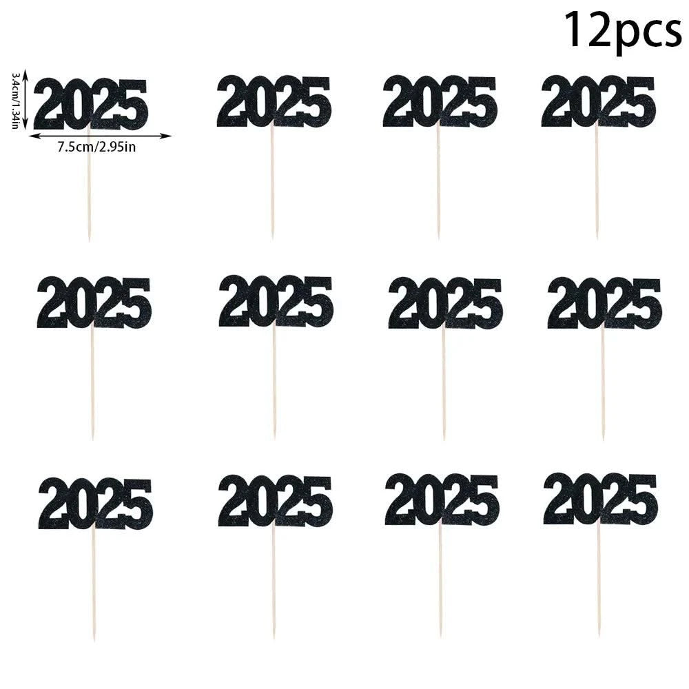 12pc Glitter 2025 Number Cupcake Toppers Happy New Year Party Cake Decoration Christmas Graduation Party Cake Toppers Home Items