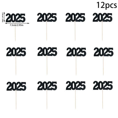 12pc Glitter 2025 Number Cupcake Toppers Happy New Year Party Cake Decoration Christmas Graduation Party Cake Toppers Home Items