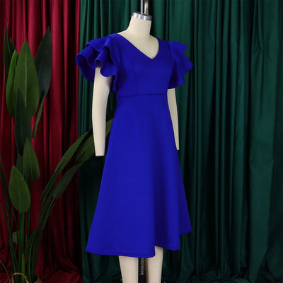 Elegant Party Dresses for Women V Neck Ruffles Sleeve High Waisted A Line Mid Calf Luxury Birthday Dinner Vestidos Mujer Dress