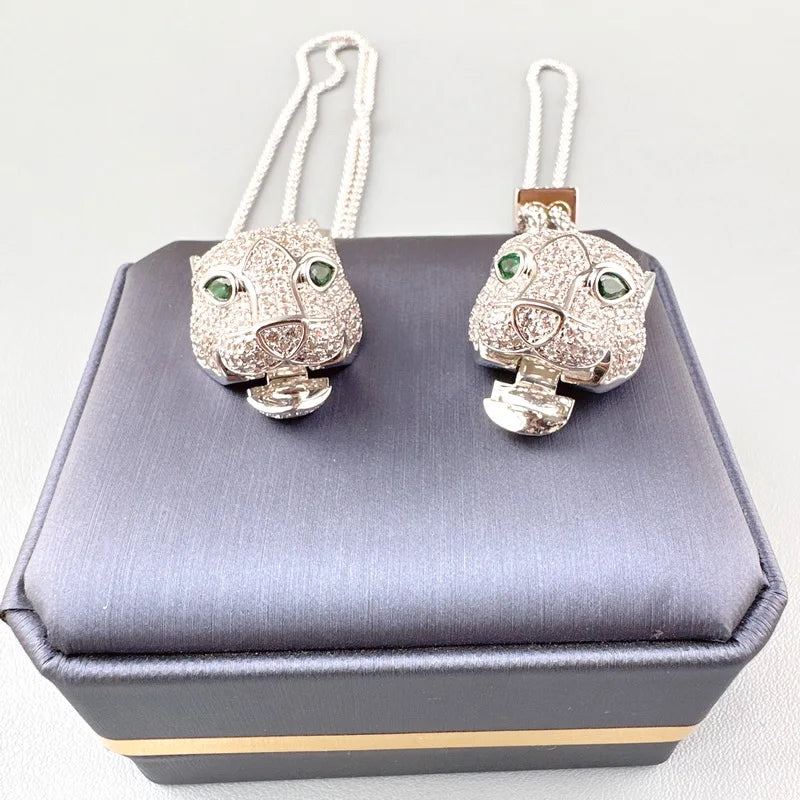 Designer Collection Fashion Luxurious Bracelet Long Necklace Men Women Lady Inlay Full Zircon Leopard Head Pendant Double Chain