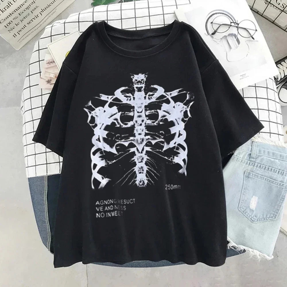 Oversized T-shirt Women Female T-shirt Dark Skull Bones Heart and Lung Print Short Sleeve Streetwear Harajuku Top Woman Clothes