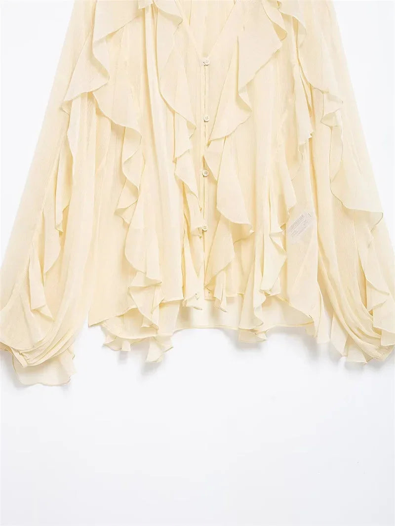 Ruffles Elegant Shirts & Blouses for Women 2025 Long Sleeve Semi-Transparent Tops For Women Spring Shirt And Blouse Top