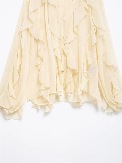 Ruffles Elegant Shirts & Blouses for Women 2025 Long Sleeve Semi-Transparent Tops For Women Spring Shirt And Blouse Top