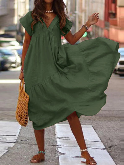 Bohemian Summer Dress for Women V Neck Vestidos Ladies Streetwear Solid Ruffle Dresses Asymmetrical Loose Robe Women Clothing