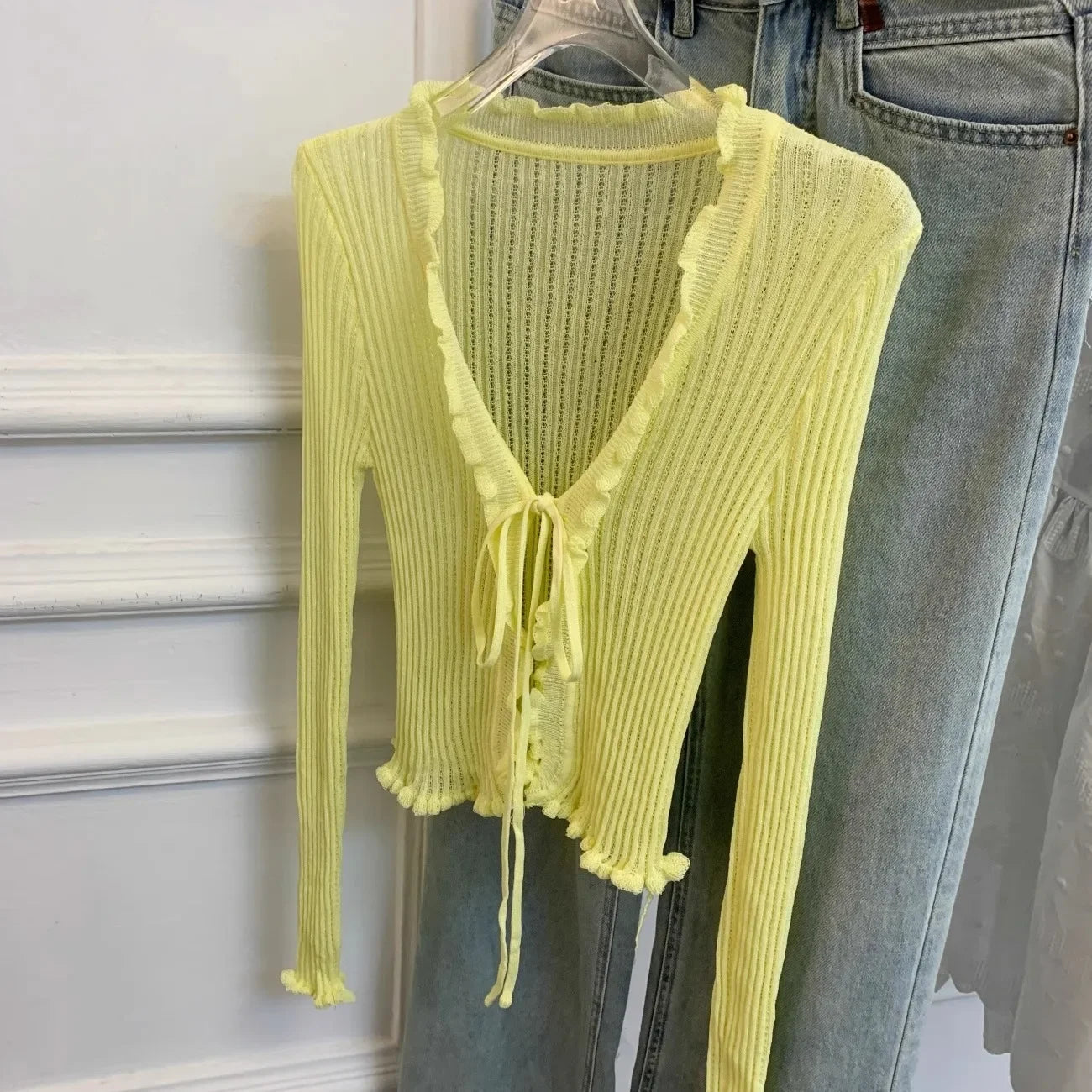 Ruffled Trim Tie Front Long Sleeve Crop Top Women Long Sleeve Open Front Ribbed Knit Cardigan Sweater Summer Fairycore Outfit
