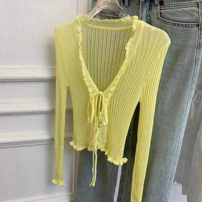 Ruffled Trim Tie Front Long Sleeve Crop Top Women Long Sleeve Open Front Ribbed Knit Cardigan Sweater Summer Fairycore Outfit