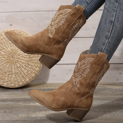Shoes for Women New Embroidered Western Cowboy Boots Women Autumn Pointed Toe Thick Heel High Knee Boots Woman Botas De Mujer