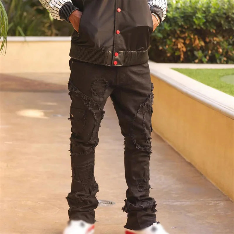 Men's Spring Autumn Casual Denim Pants Ripped Multi Pockets Slim Fit Jeans Trousers for Streetwear Punk Trendy Fashion Retro