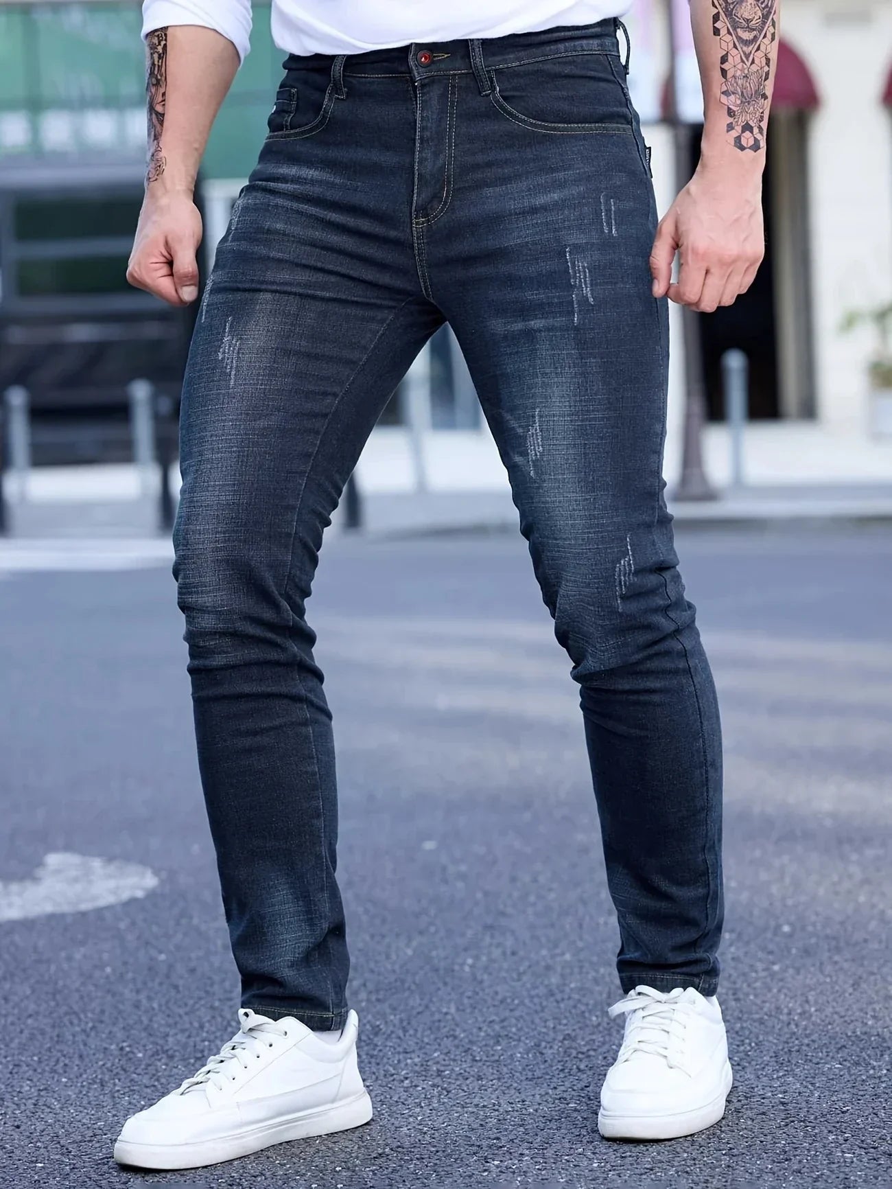 2025 Spring Autumn Men's Fashion Ripped Skinny Jeans Street Style Vintage Wash Solid Denim Casual Slim Fit Pencil Pants 28-36